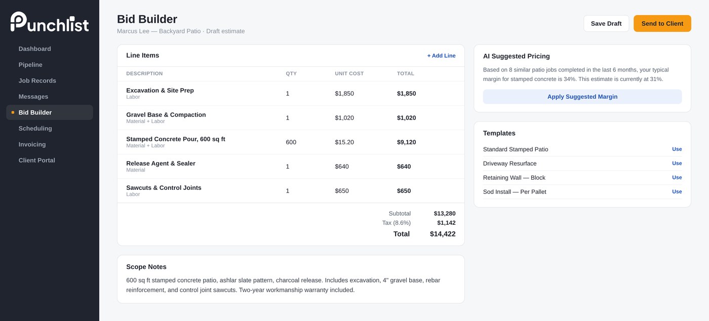 Punchlist bid builder with line items and AI suggested pricing