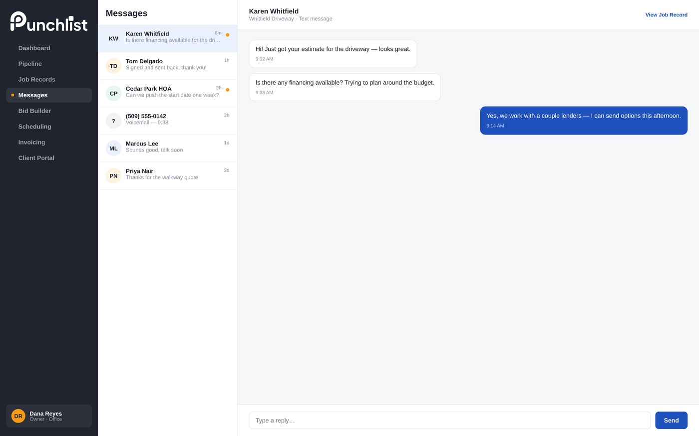 Punchlist message center showing an automated client conversation