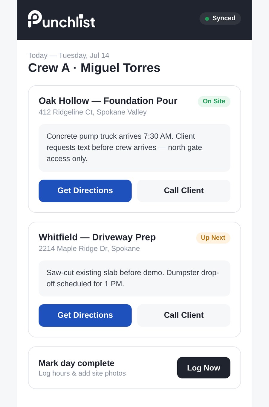 Punchlist field crew mobile app showing today's jobs