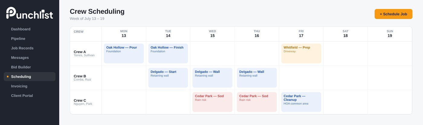 Punchlist crew scheduling calendar by week